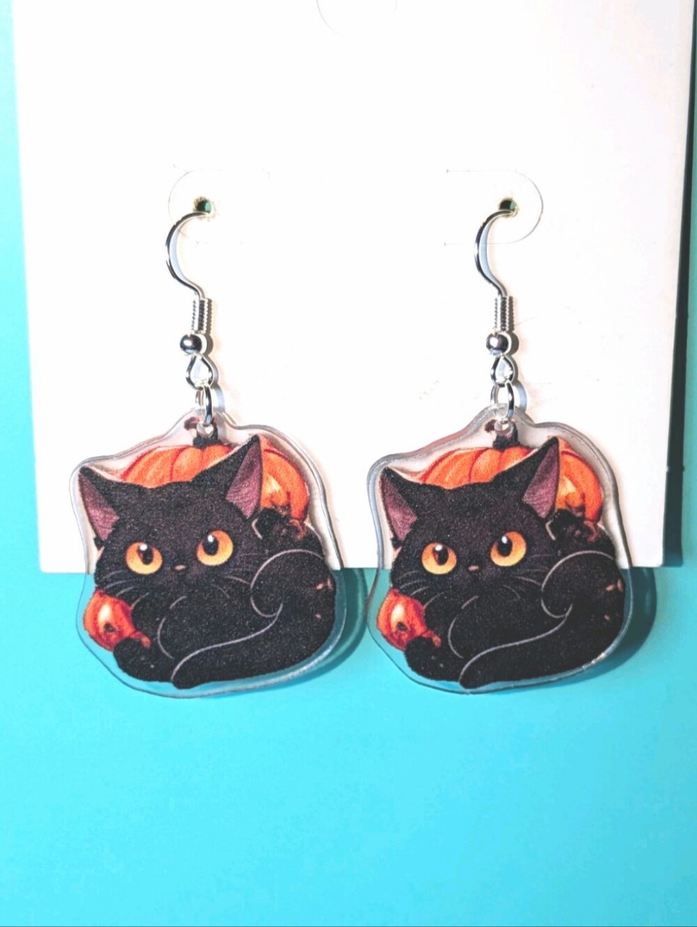 Hand Crafted Black Cat & Pumpkin Halloween Dangle Earrings